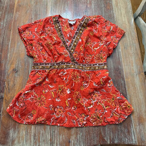 Papillon Orange Brown Floral Wrap Top Plus Size 1X Y2K